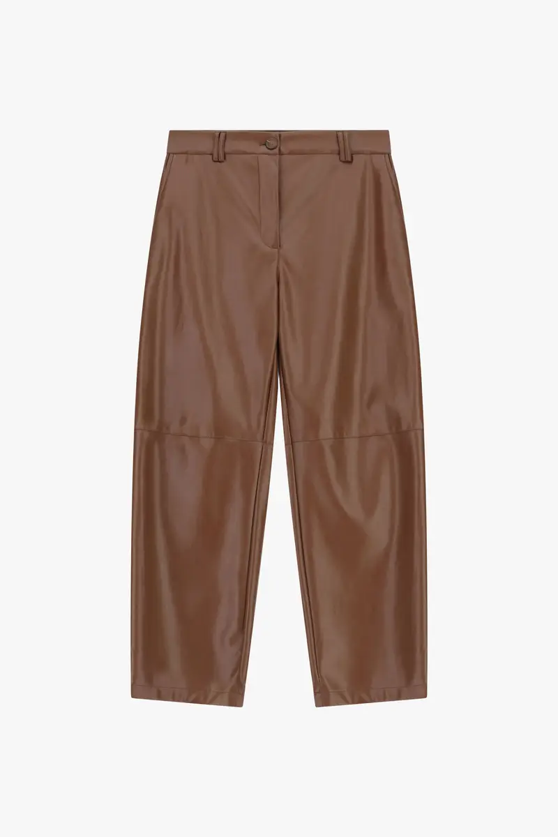 Pantaloni a vita alta in ecopelle con gamba dritta Cioccolato