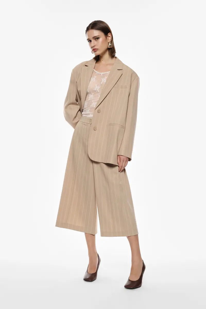 Pantaloni ampi a righe eleganti Beige miniatura 2