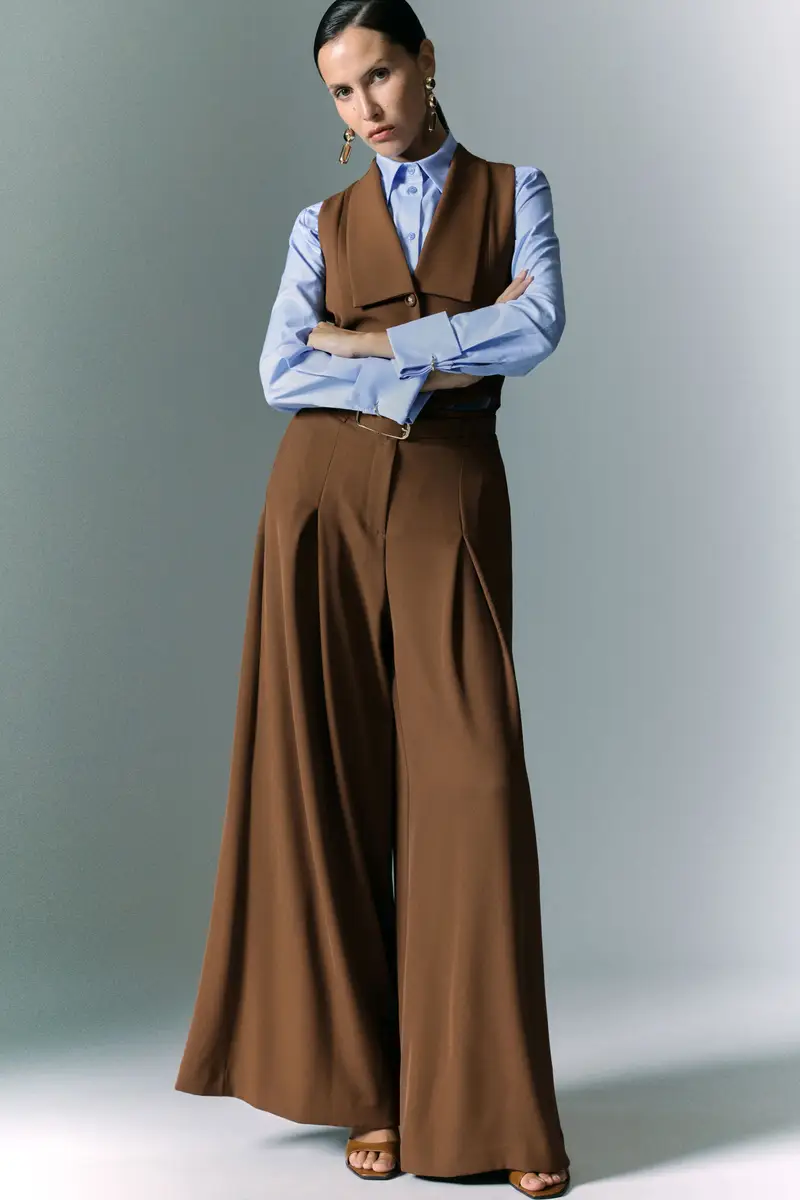 Pantaloni ampi a vita alta Castagna miniatura 2