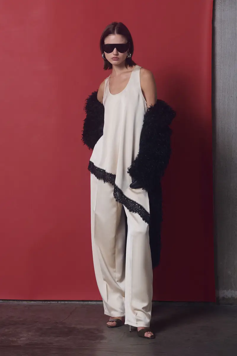 Pantaloni ampi a vita alta in satin Gesso miniatura 2