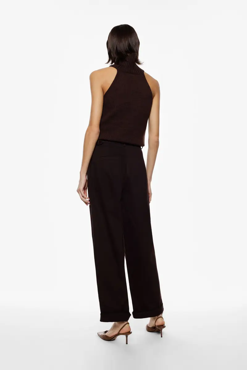 Pantaloni ampi pinces orlo risvoltato vita alta Cioccolato miniatura 2