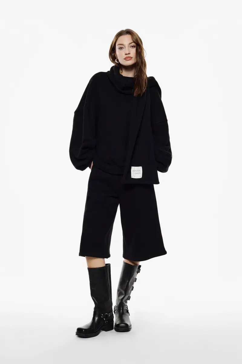 Pantaloni cropped ampi con coulisse e tasche Nero miniatura 2