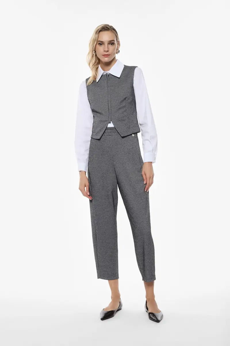 Pantaloni cropped vita alta stampa micro fantasia Nero miniatura 2