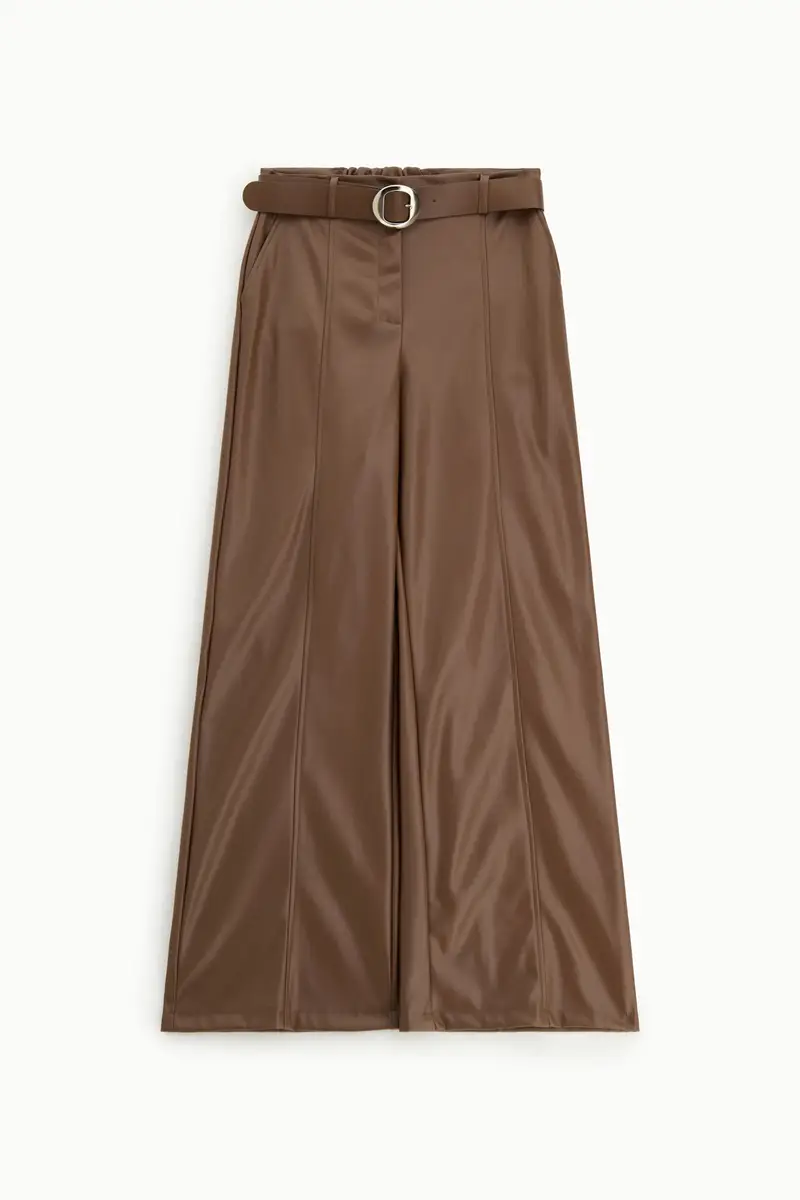 Pantaloni in similpelle a gamba ampia con cintura Tabacco