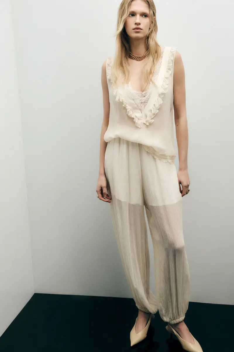 Pantaloni jogging ampi plissettati con fondo elasticizzato Burro miniatura 2