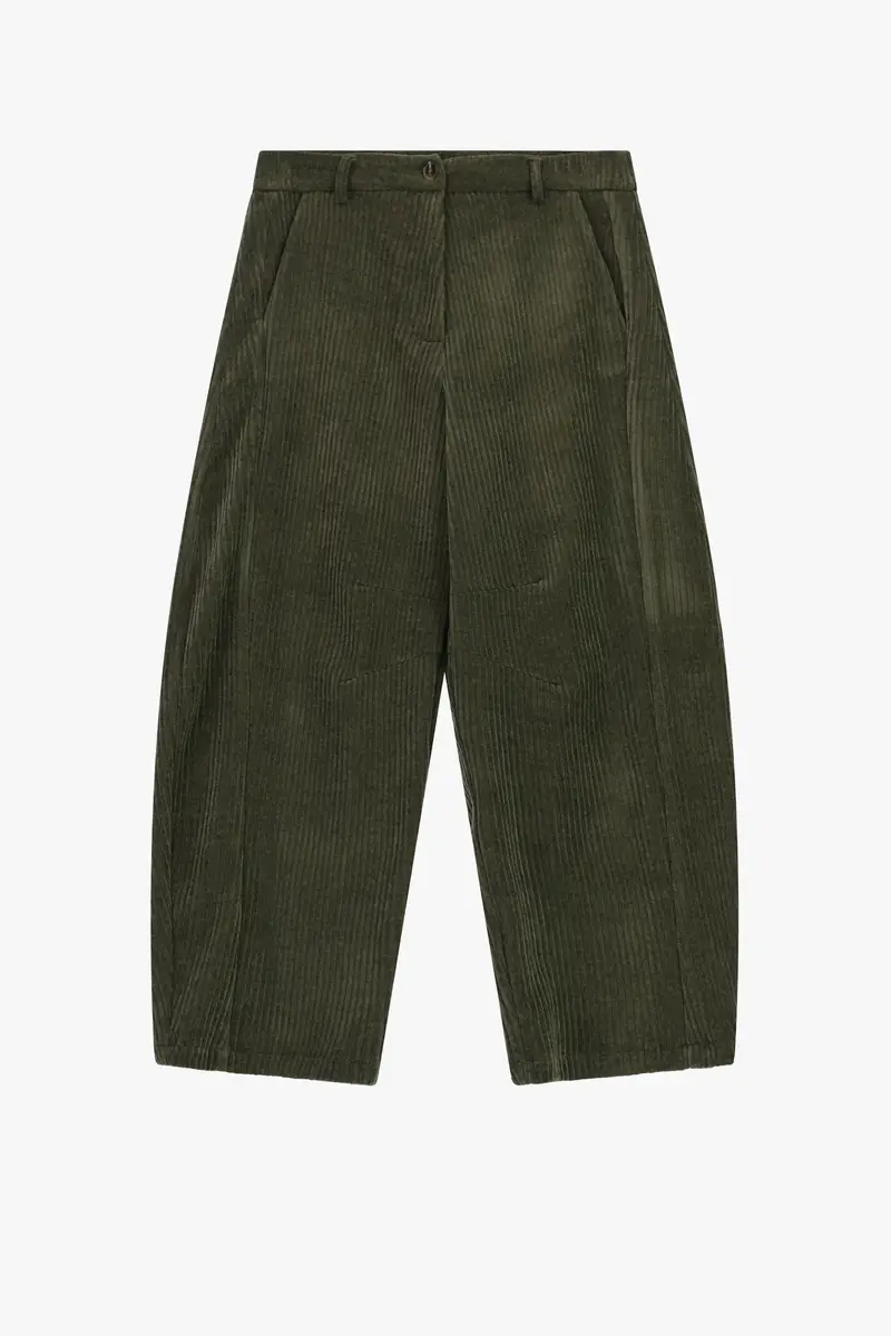 Pantaloni palazzo a costine con vita alta Militare