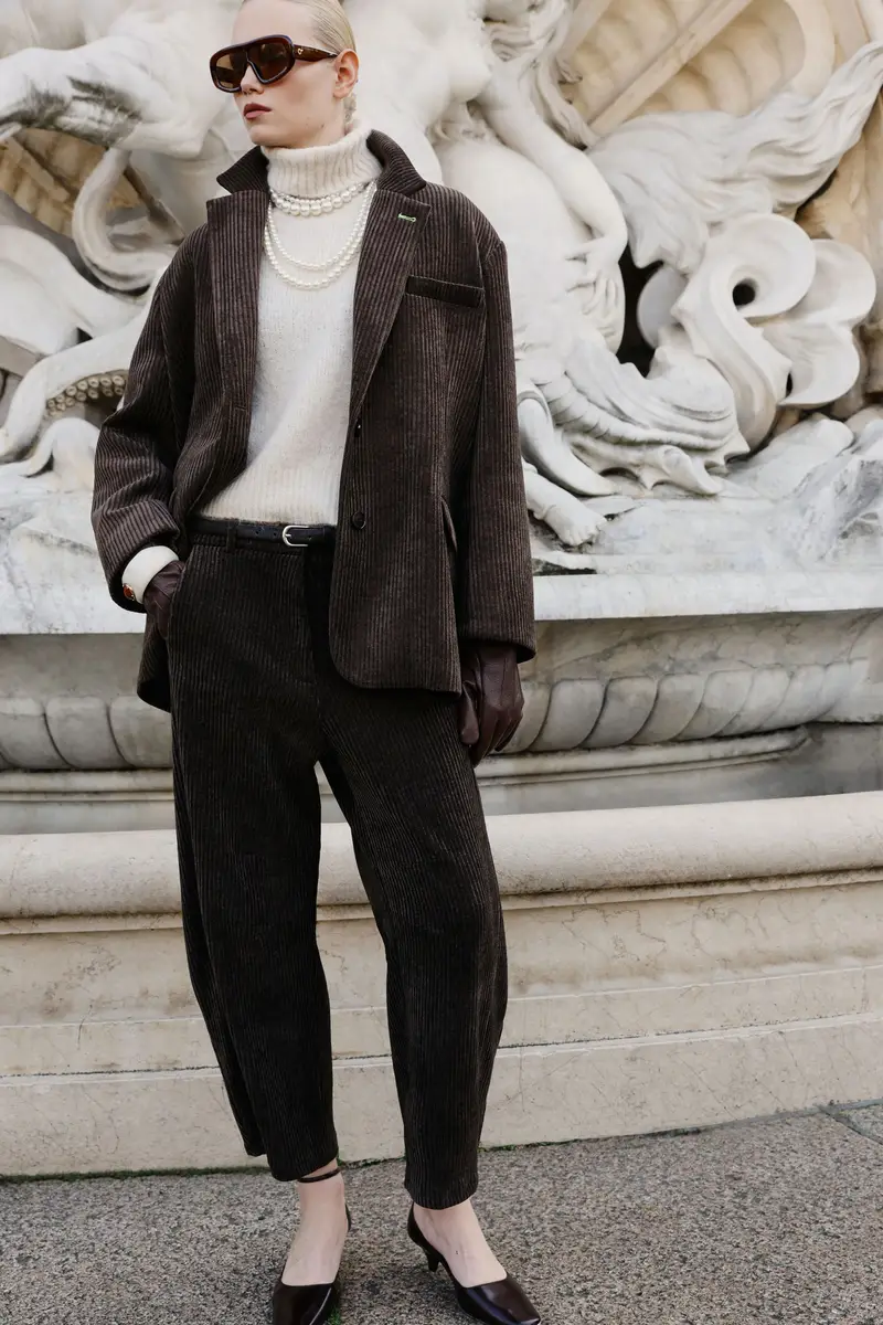 Pantaloni palazzo a costine con vita alta Moro miniatura 2