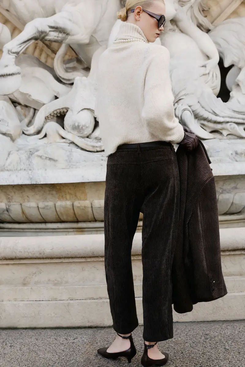 Pantaloni palazzo a costine con vita alta Moro miniatura 3