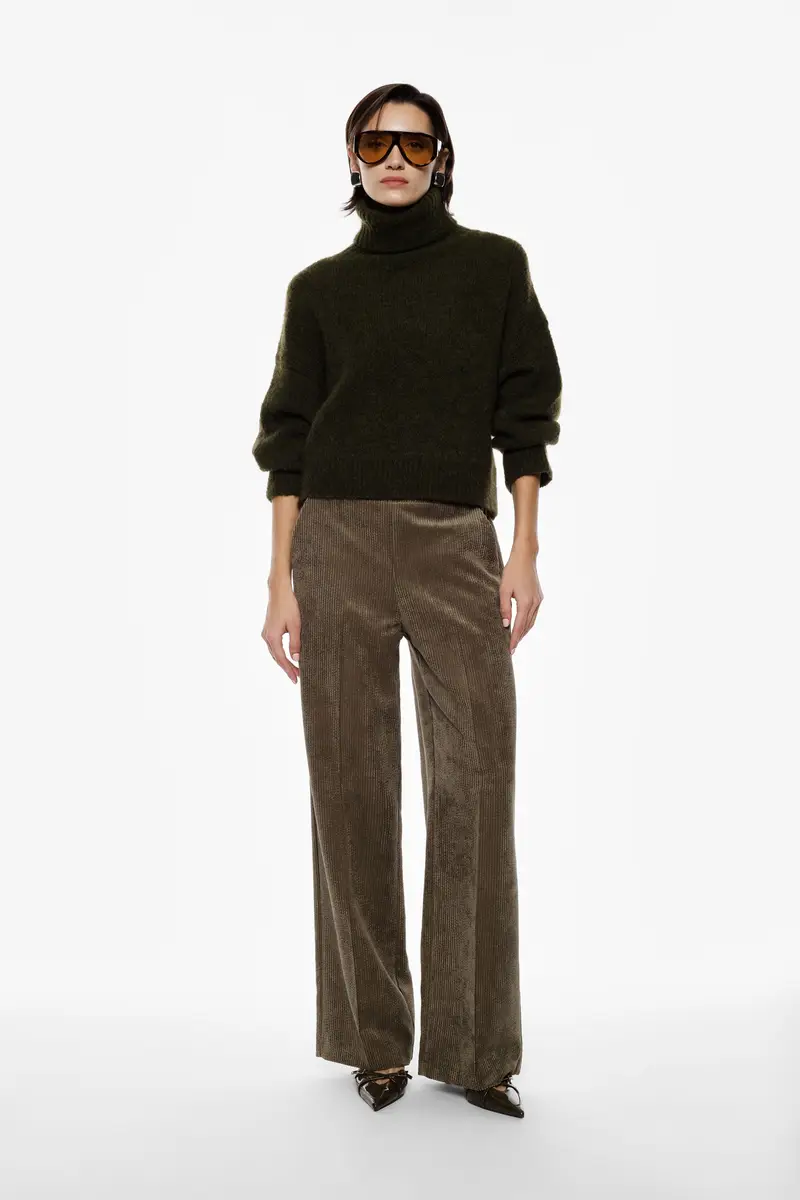 Pantaloni palazzo a costine vita alta regular-fit Militare miniatura 2