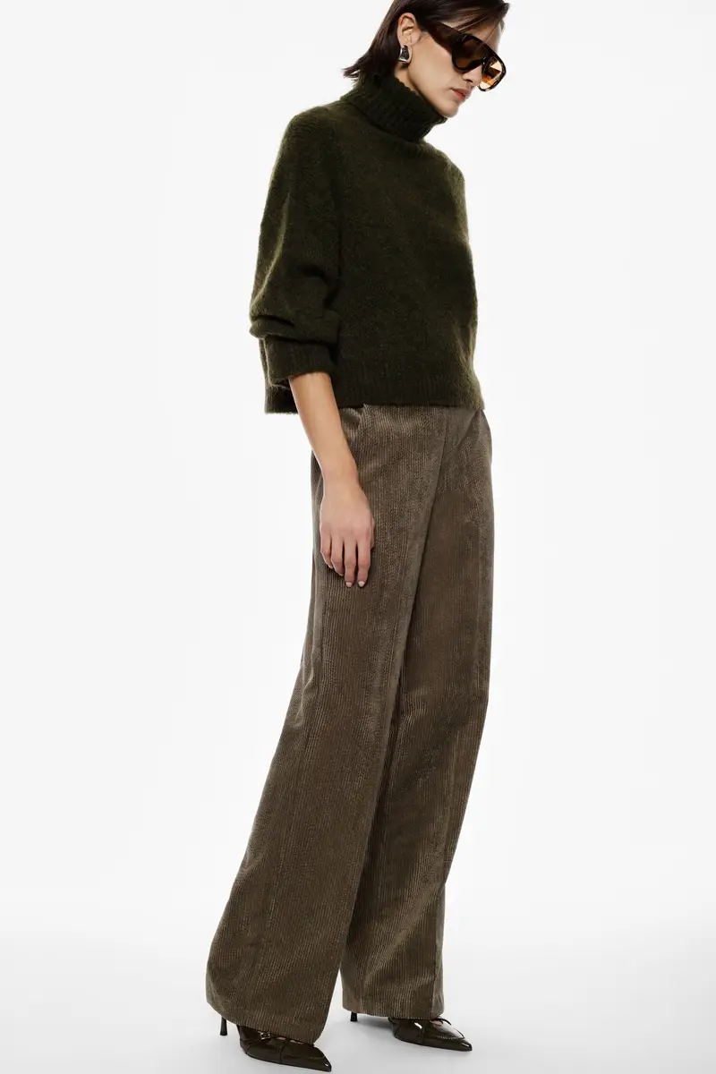 Pantaloni palazzo a costine vita alta regular-fit Militare miniatura 4