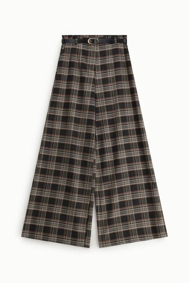 Pantaloni palazzo a quadri con cintura e vita alta Nero
