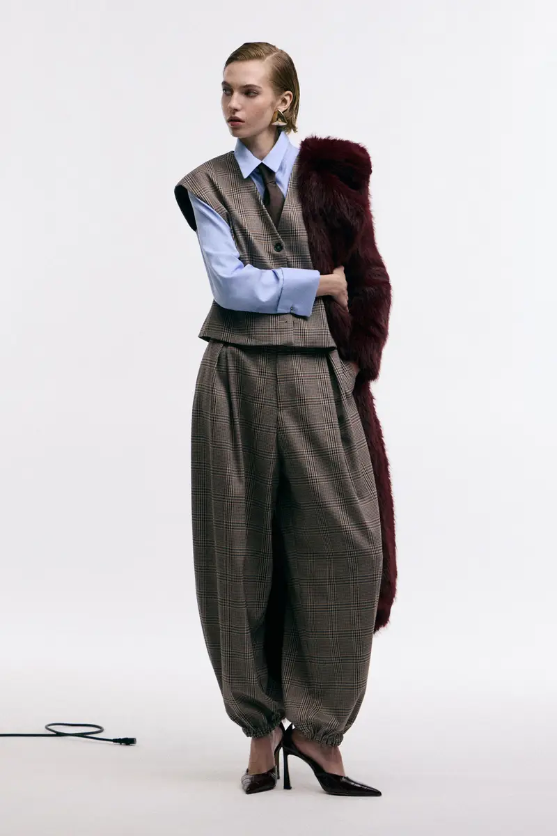 Pantaloni palazzo a quadri con elastico alle caviglie Beige miniatura 2