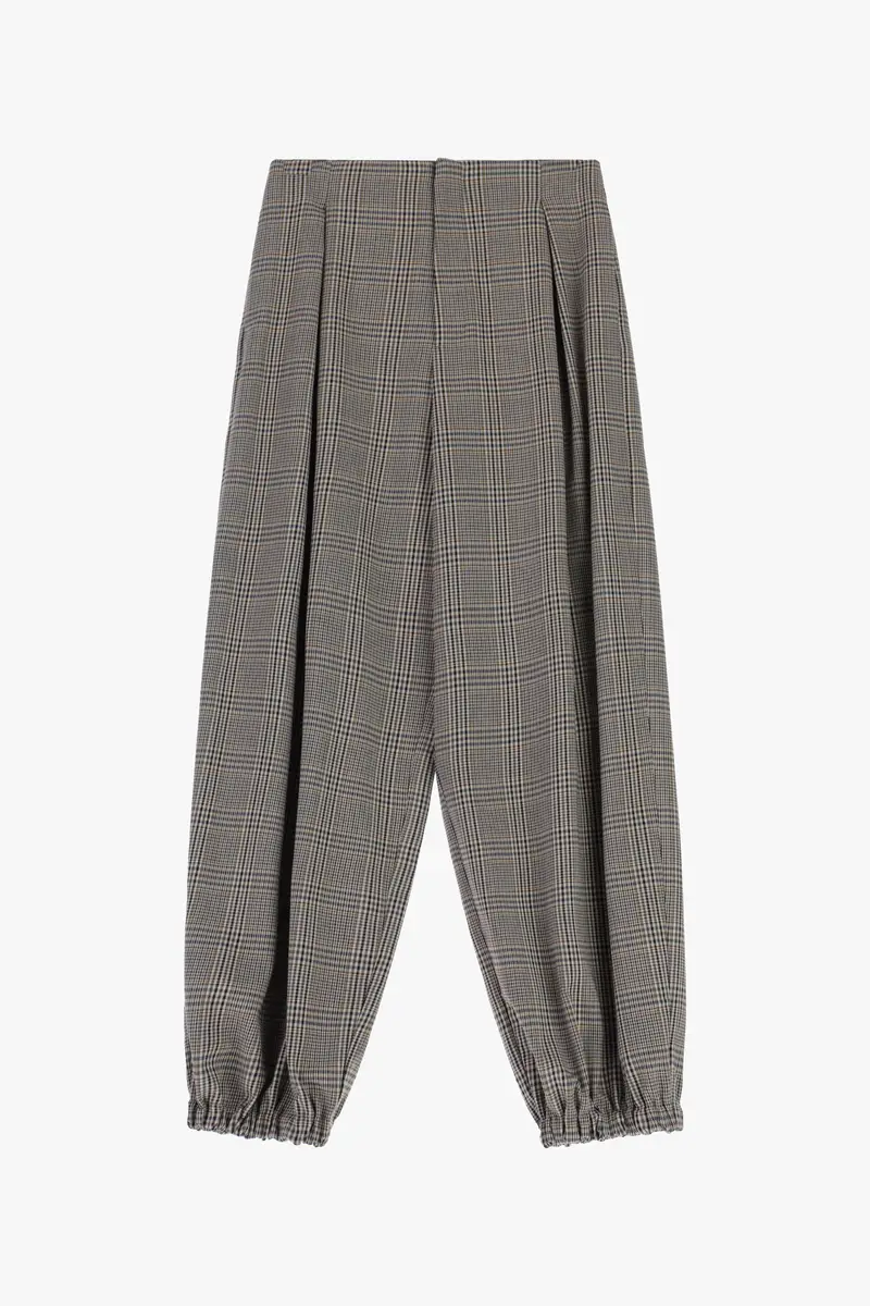 Pantaloni palazzo a quadri con elastico alle caviglie Beige