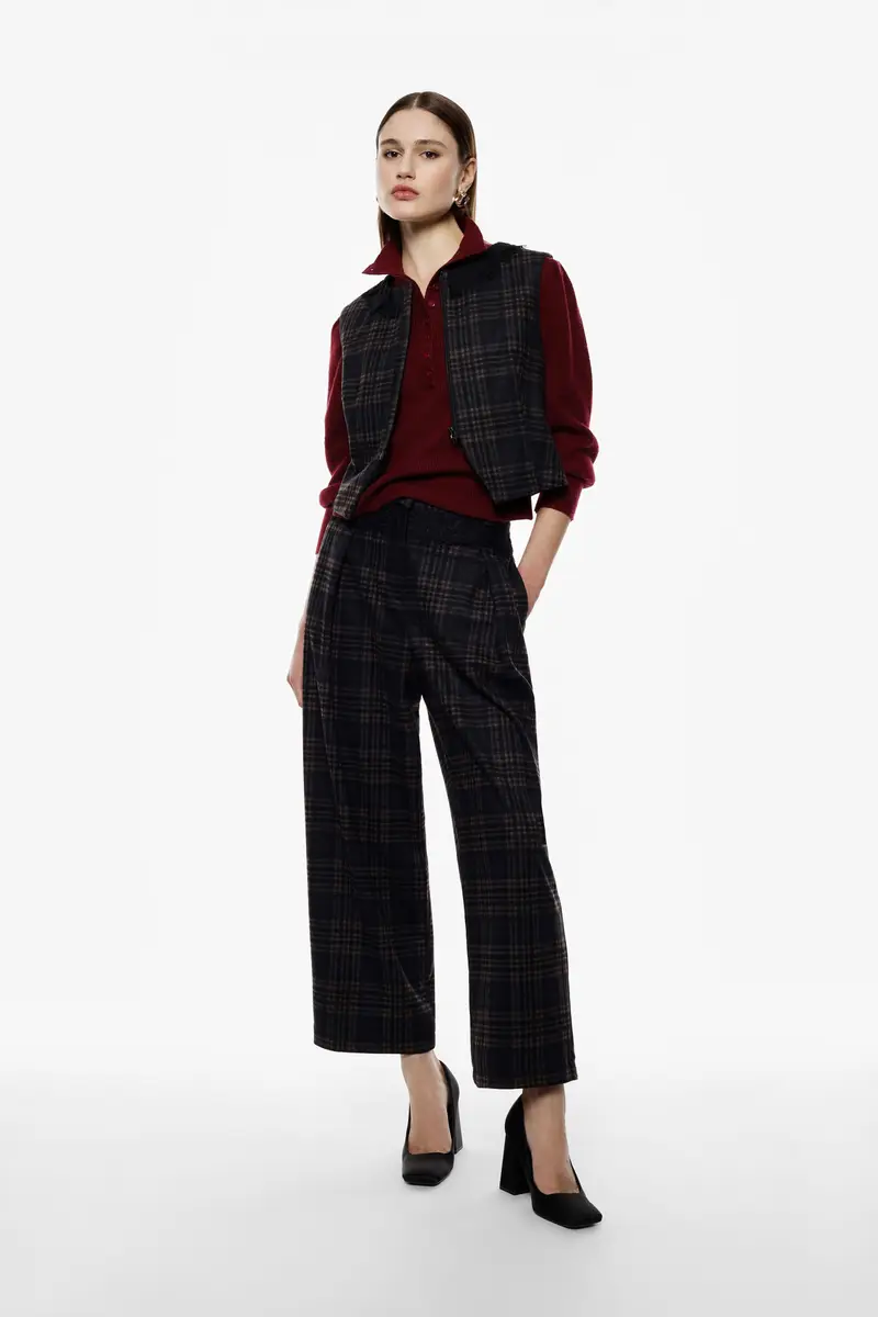 Pantaloni palazzo a quadri vita alta e pinces Nero miniatura 2