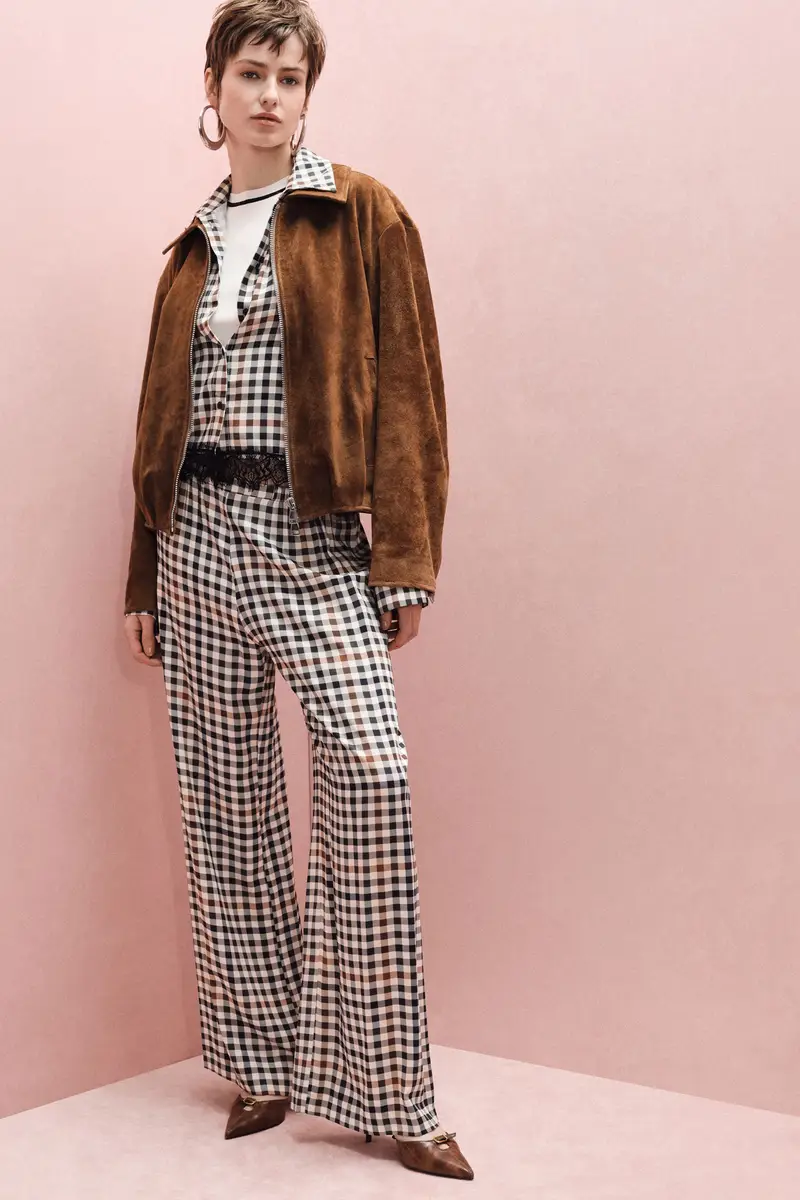 Pantaloni palazzo a quadri vita media Panna miniatura 2