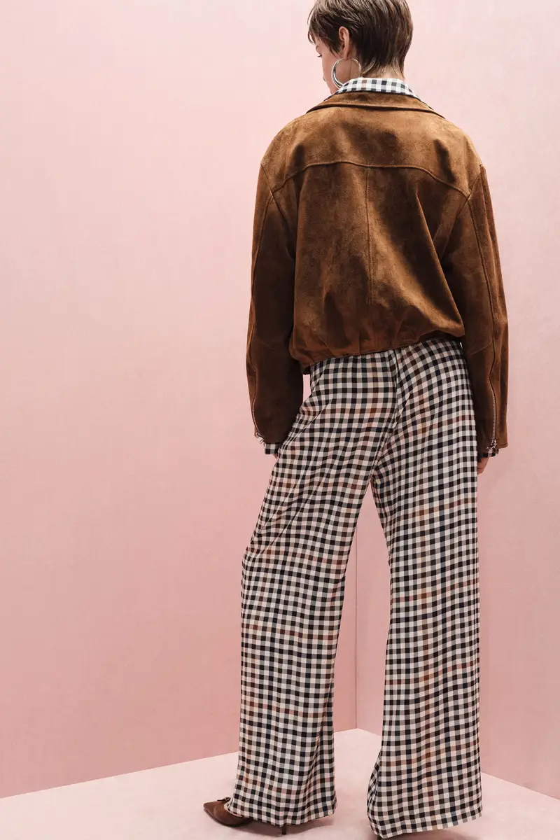 Pantaloni palazzo a quadri vita media Panna miniatura 3