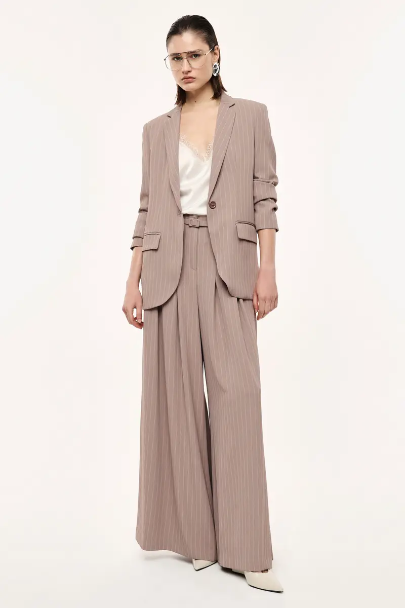 Pantaloni palazzo a righe con cintura e pieghe Fango miniatura 2