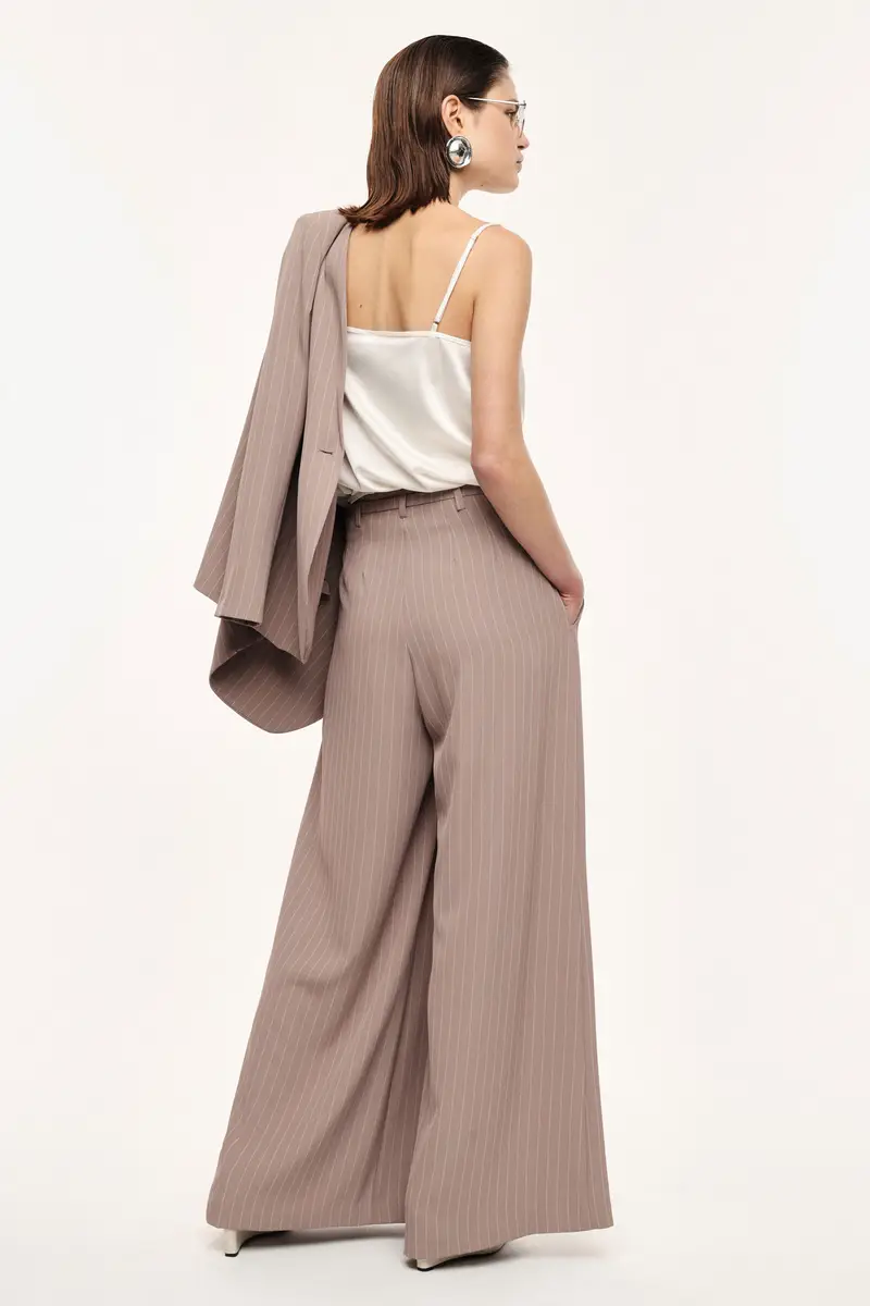 Pantaloni palazzo a righe con cintura e pieghe Fango miniatura 3