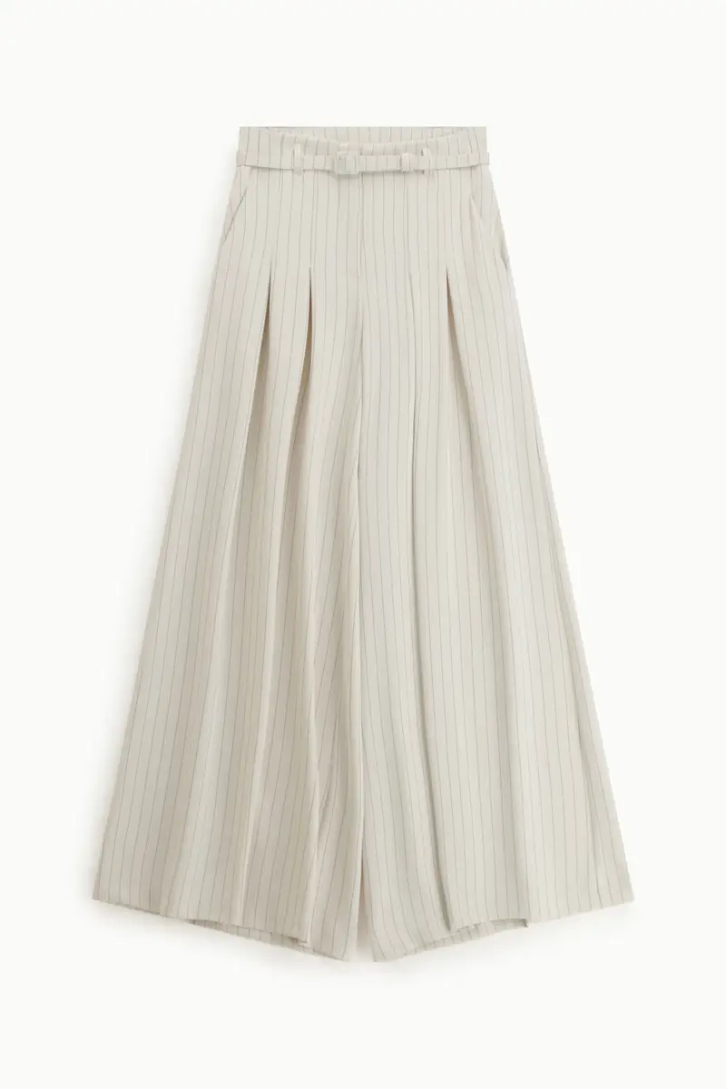 Pantaloni palazzo a righe con cintura e pieghe Panna