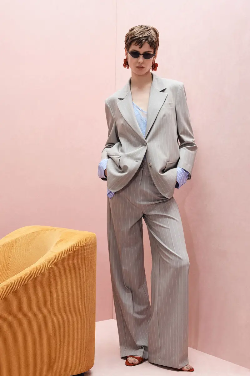 Pantaloni palazzo a righe con vita alta Grigio melange miniatura 2