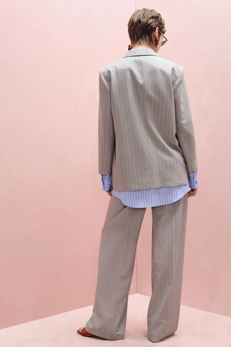 Pantaloni palazzo a righe con vita alta Grigio melange miniatura 3