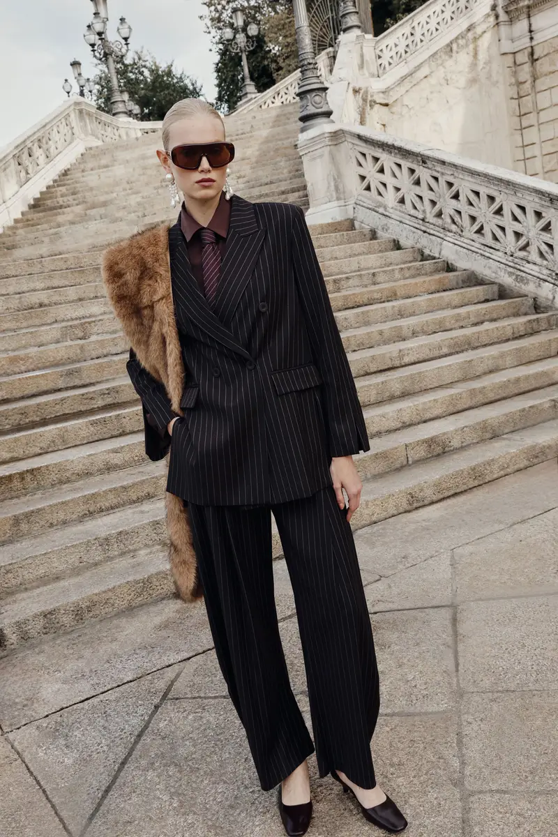 Pantaloni palazzo a righe vita alta con pinces Moro miniatura 2