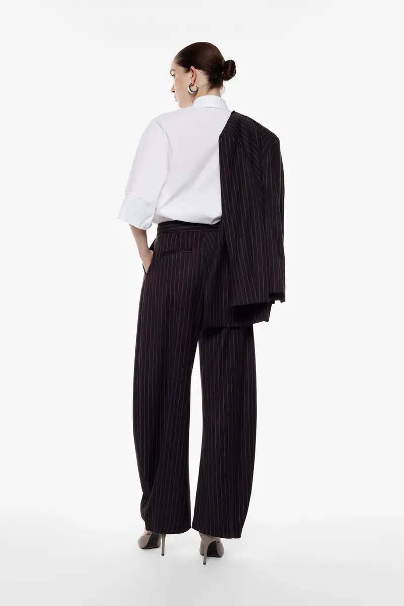 Pantaloni palazzo a righe vita alta con pinces Nero miniatura 3