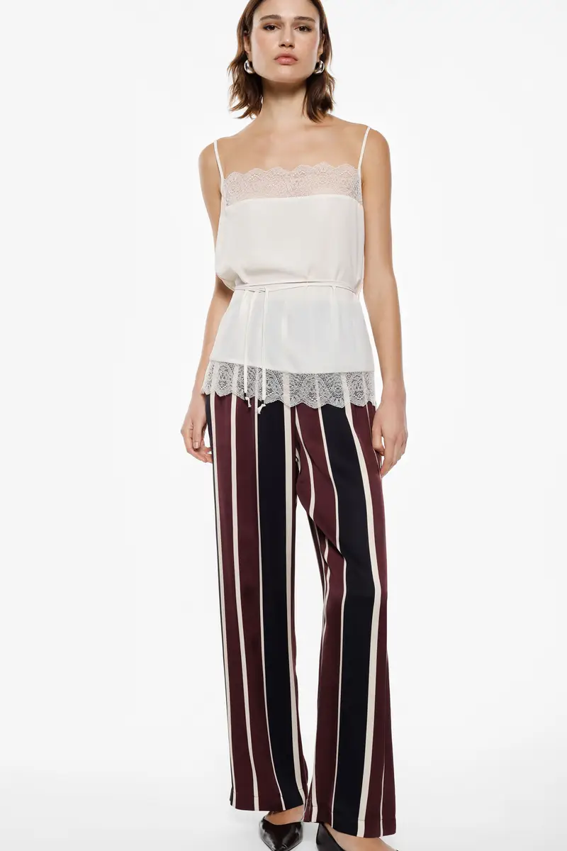 Pantaloni palazzo a righe vita alta elastica Borgogna miniatura 2