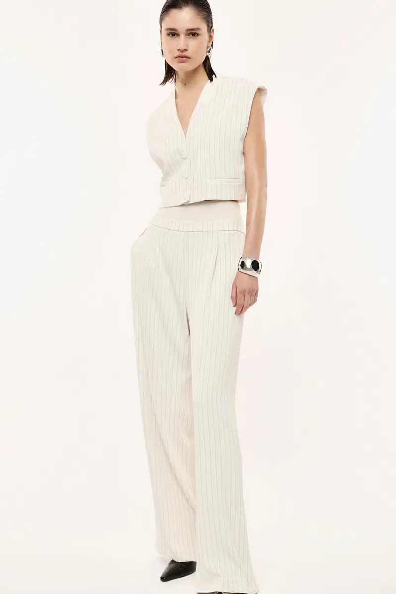 Pantaloni palazzo a righe vita alta Panna miniatura 2