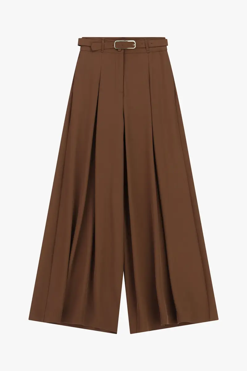 Pantaloni palazzo a vita alta con cintura Cacao