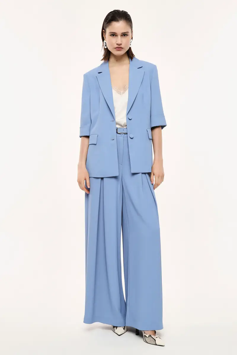 Pantaloni palazzo a vita alta con cintura Ceruleo miniatura 2