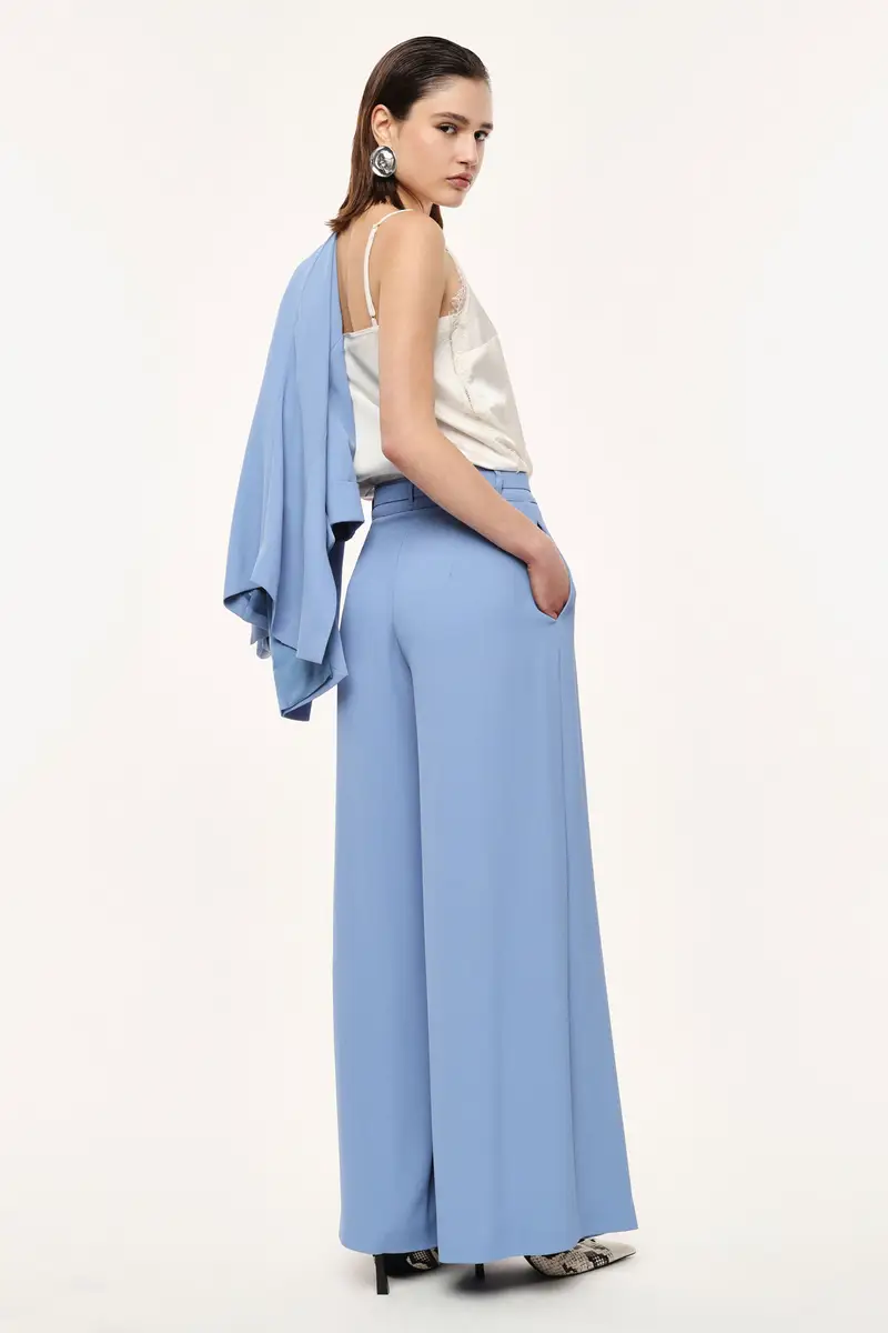 Pantaloni palazzo a vita alta con cintura Ceruleo miniatura 3