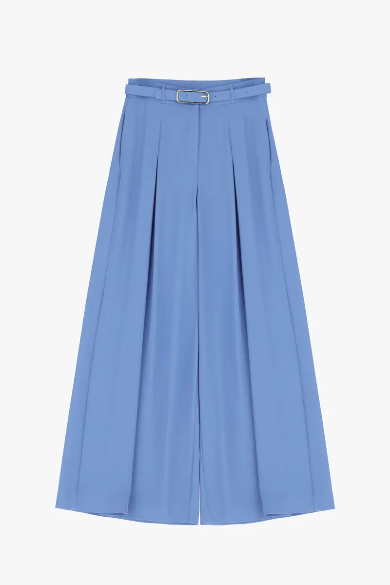 Pantaloni palazzo a vita alta con cintura Ceruleo