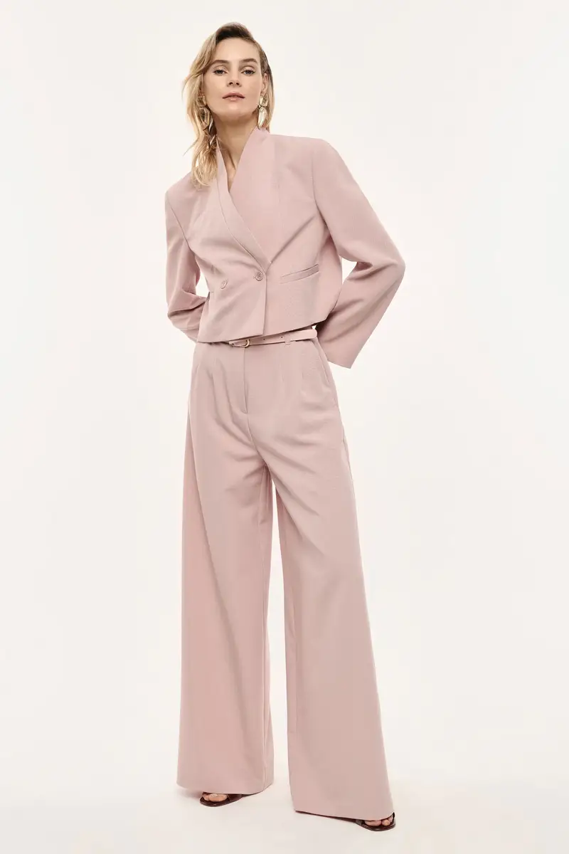 Pantaloni palazzo a vita alta con cintura Cipria miniatura 2