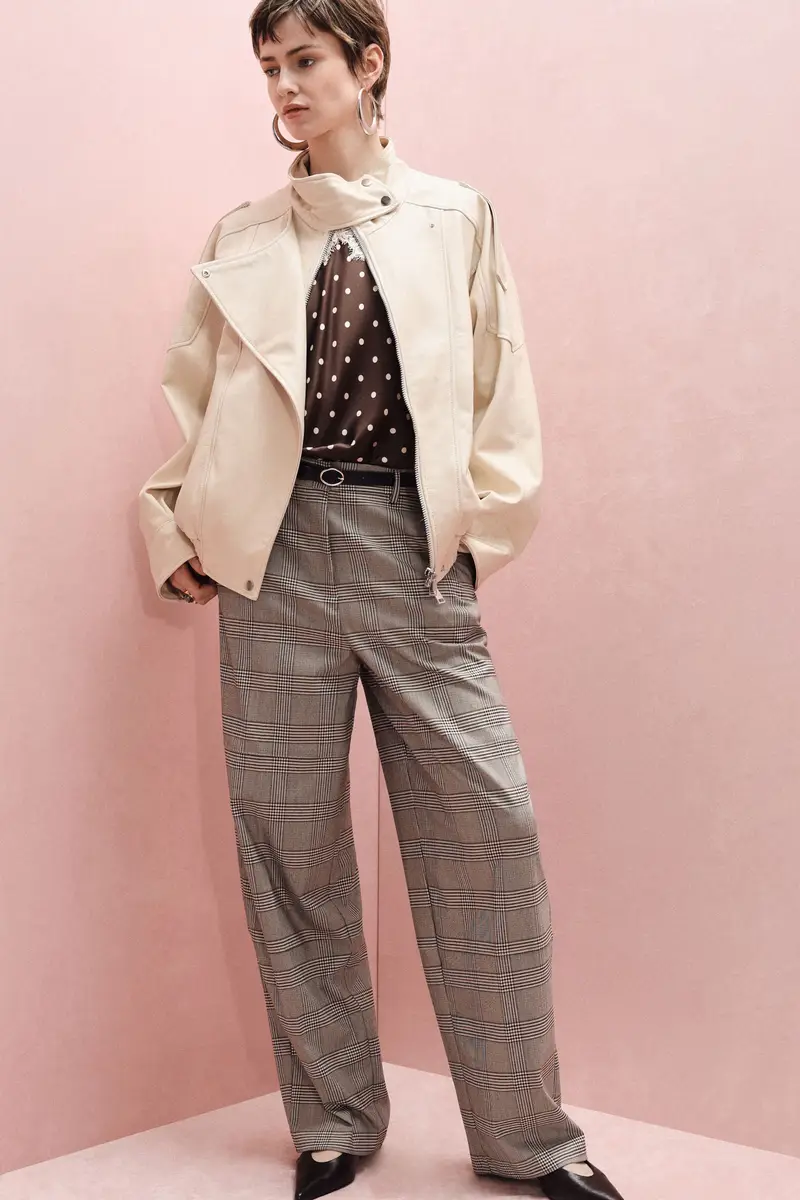 Pantaloni palazzo a vita alta con cintura e motivo a quadri Panna miniatura 2