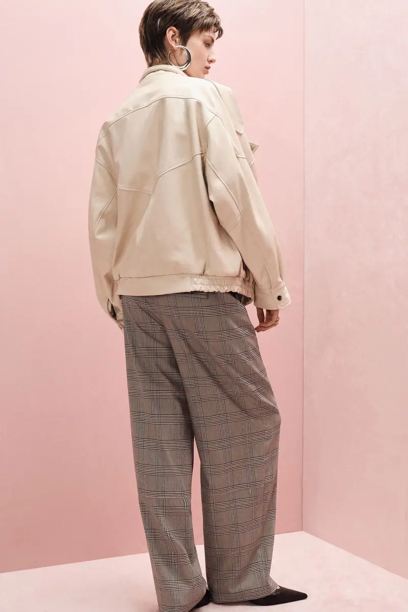 Pantaloni palazzo a vita alta con cintura e motivo a quadri Panna miniatura 3