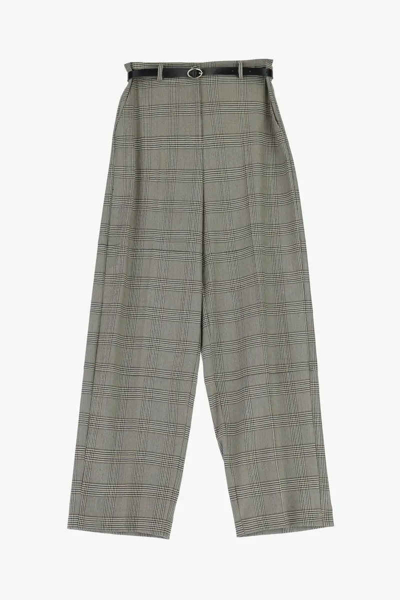 Pantaloni palazzo a vita alta con cintura e motivo a quadri Panna