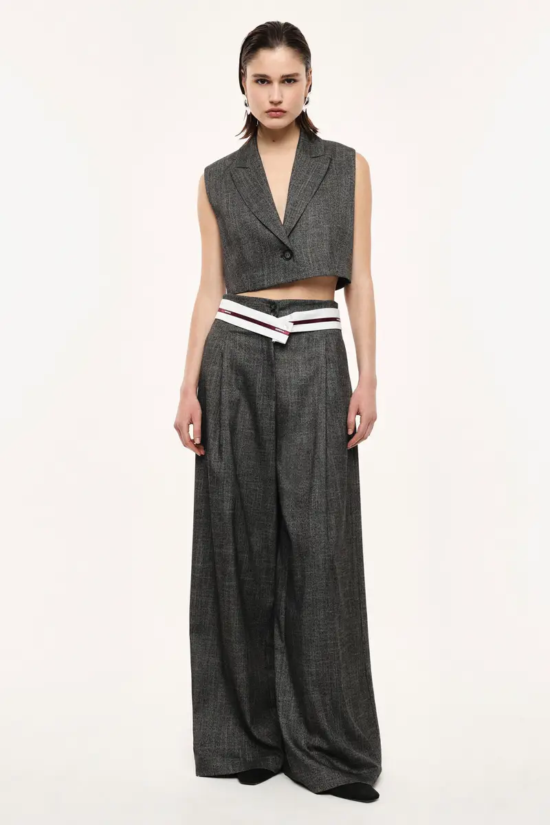 Pantaloni palazzo a vita alta con cintura intrecciata Nero miniatura 2