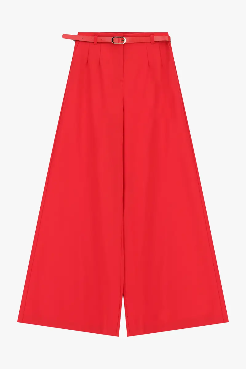 Pantaloni palazzo a vita alta con cintura Rosso