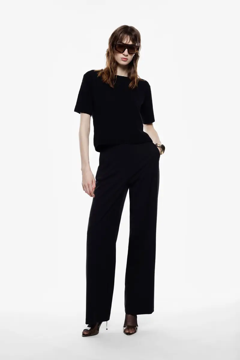 Pantaloni palazzo a vita alta con elastico Nero miniatura 2