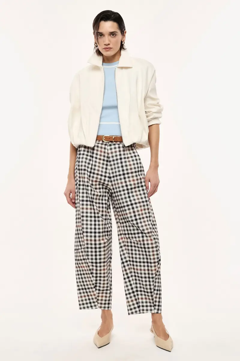 Pantaloni palazzo a vita alta con motivo a quadri Panna miniatura 2