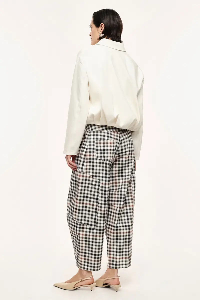 Pantaloni palazzo a vita alta con motivo a quadri Panna miniatura 3