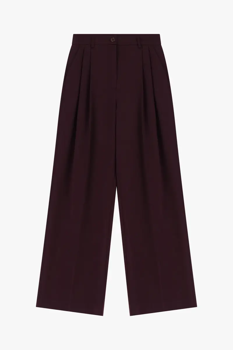 Pantaloni palazzo a vita alta con pieghe Prugna