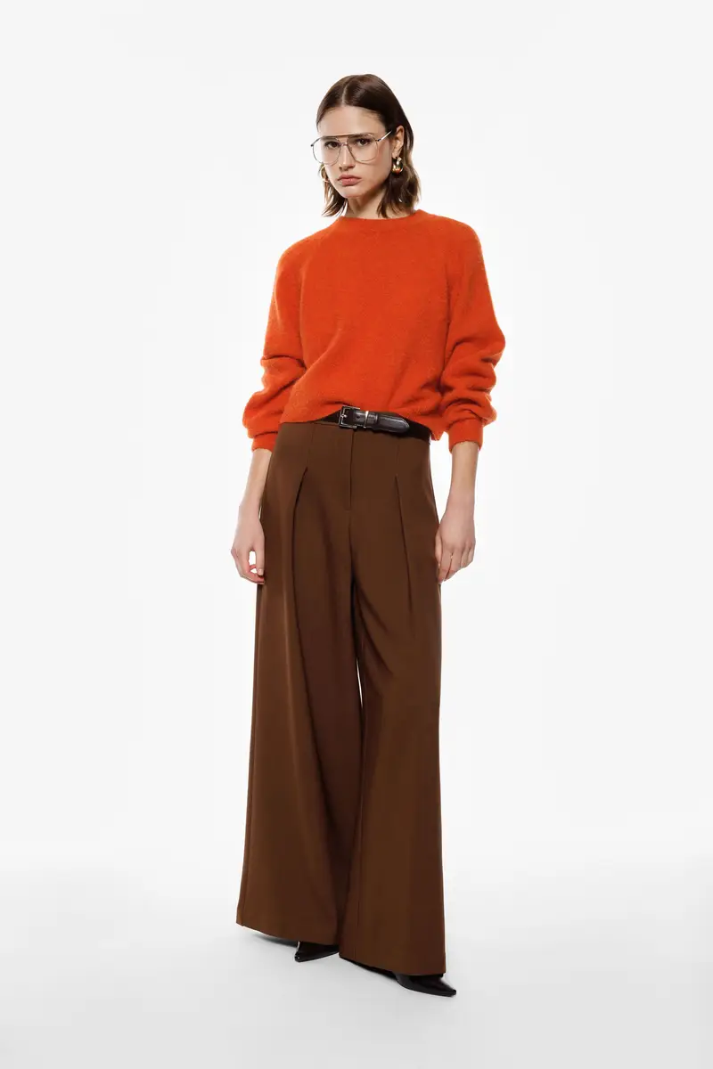 Pantaloni palazzo a vita alta con pince frontali Tabacco miniatura 3