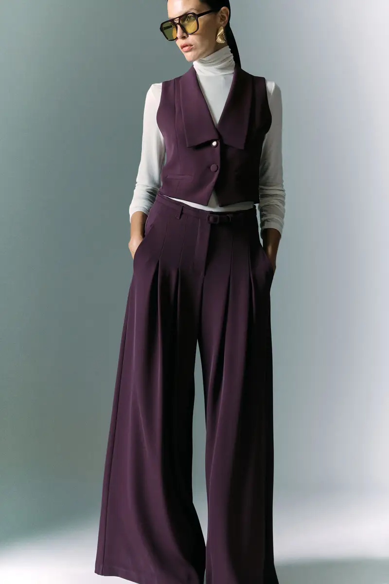 Pantaloni palazzo a vita alta con pince Prugna miniatura 3