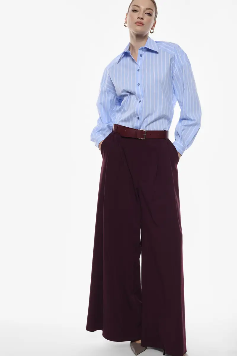 Pantaloni palazzo a vita alta con pince Prugna miniatura 2