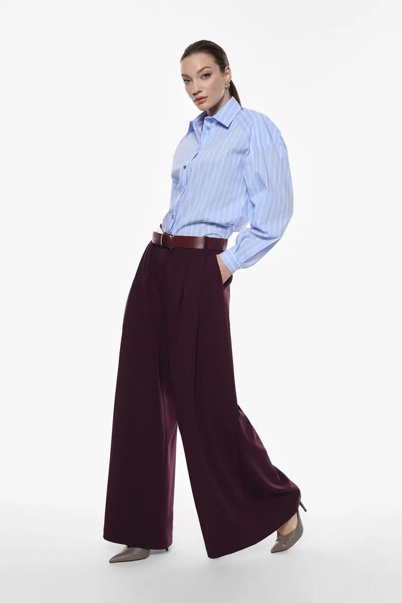 Pantaloni palazzo a vita alta con pince Prugna miniatura 3