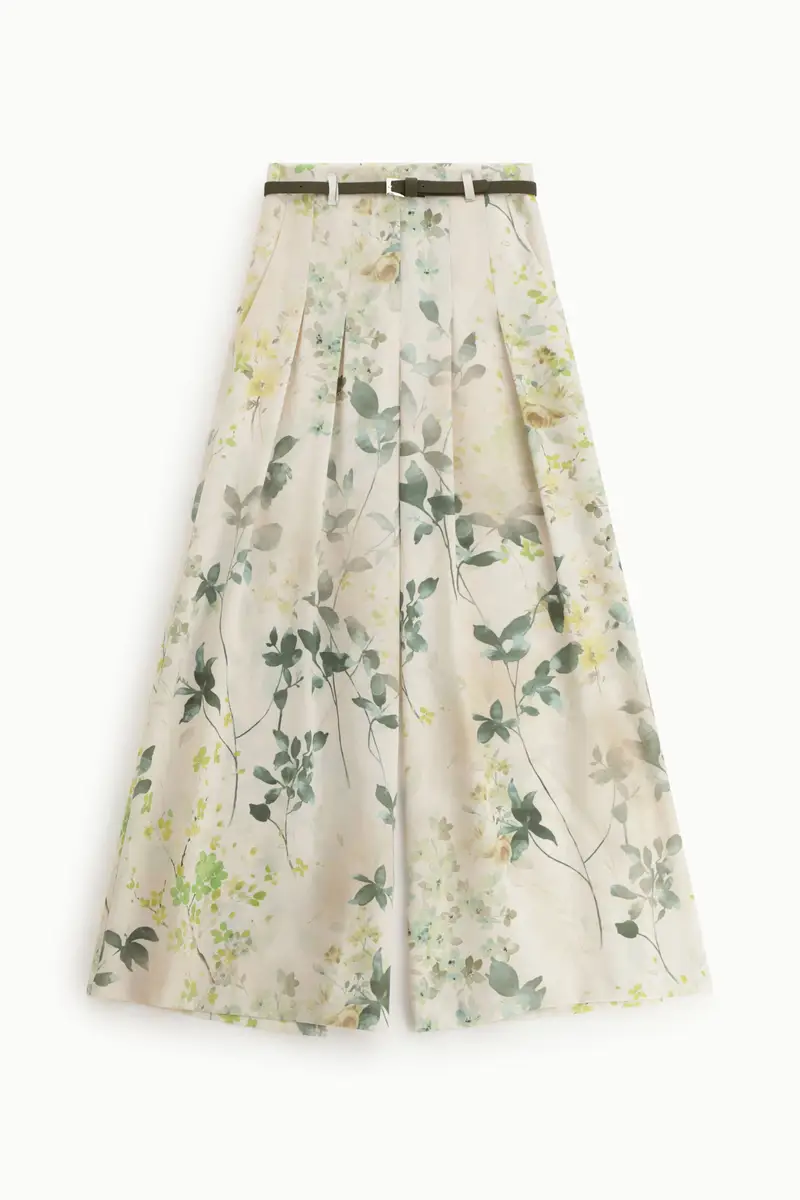 Pantaloni palazzo a vita alta con stampa floreale Panna