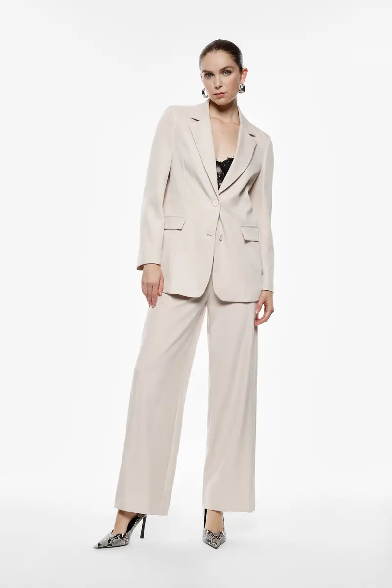 Pantaloni palazzo a vita alta con tasche laterali Beige miniatura 2