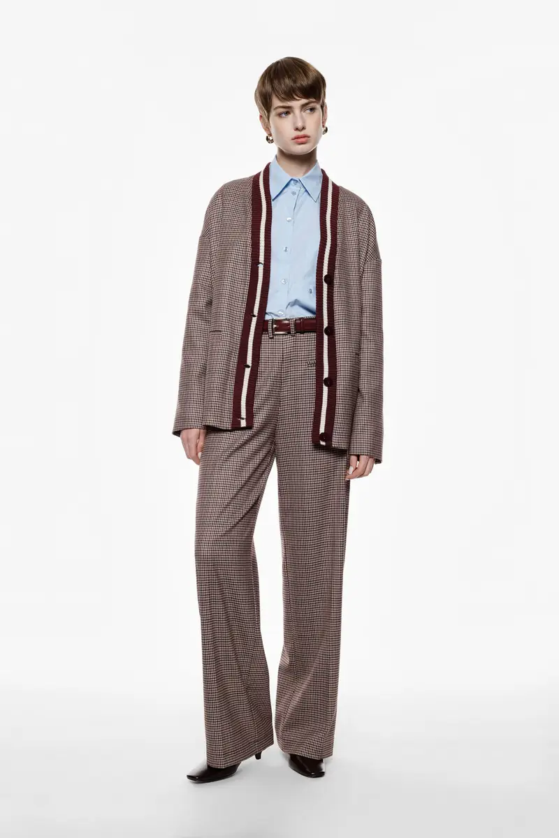 Pantaloni palazzo a vita alta fantasia micro-check Beige miniatura 2